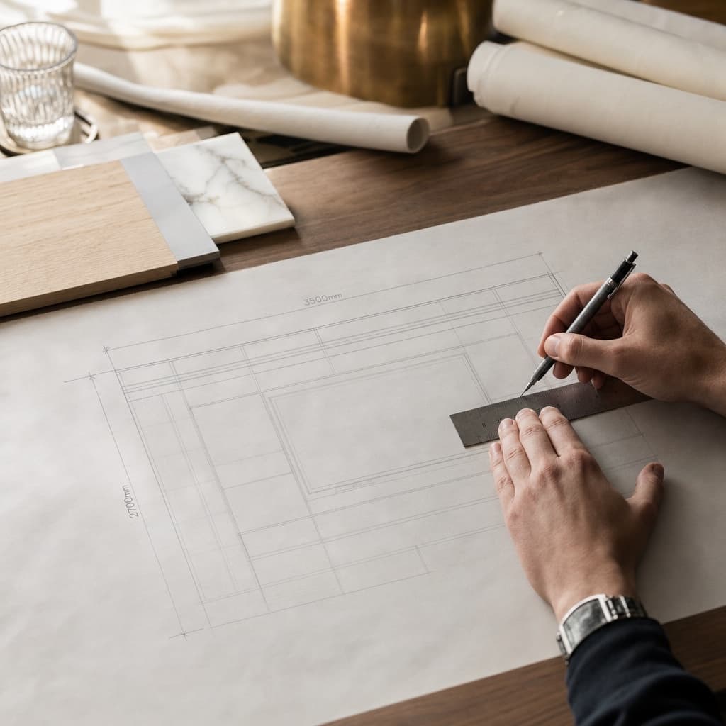 حِرفي يرسم واجهة جدار ميديا مخصص بقلم ميكانيكي على ورق شفّاف تقني.