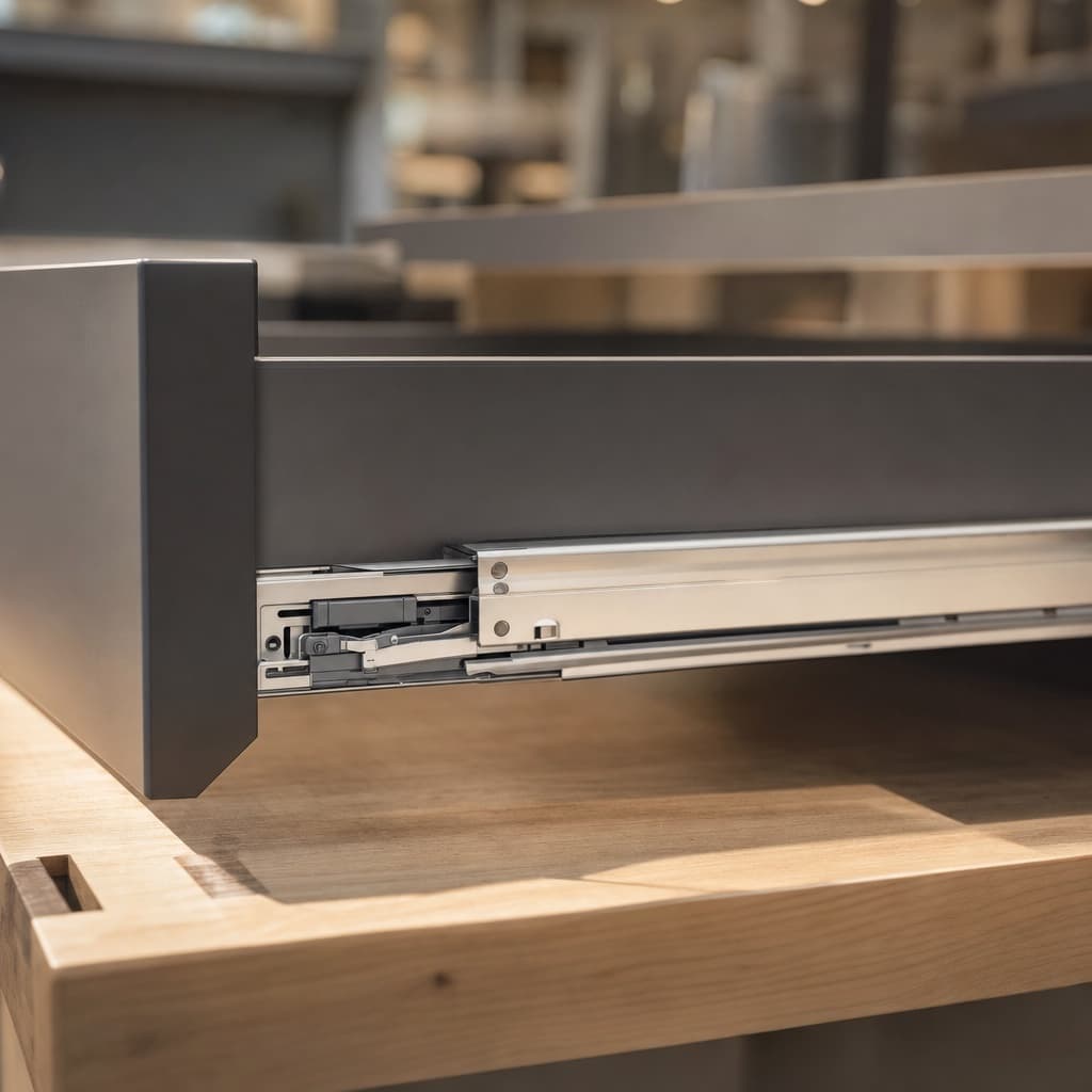 A Blum LEGRABOX soft-close drawer runner on a workshop bench, partially extended to show the BLUMOTION mechanism.