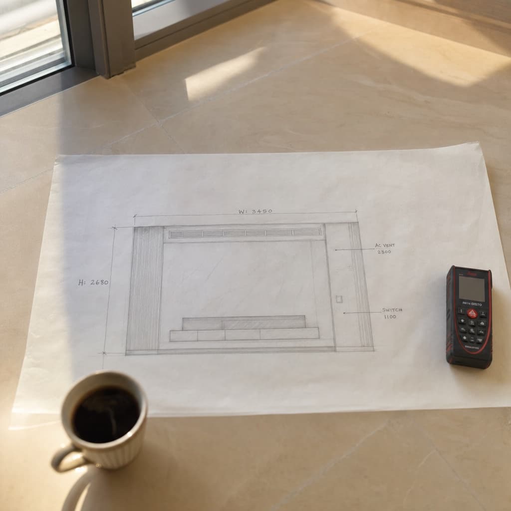 Architect's tracing paper showing labelled wall measurements next to a Leica DISTO laser distance meter.