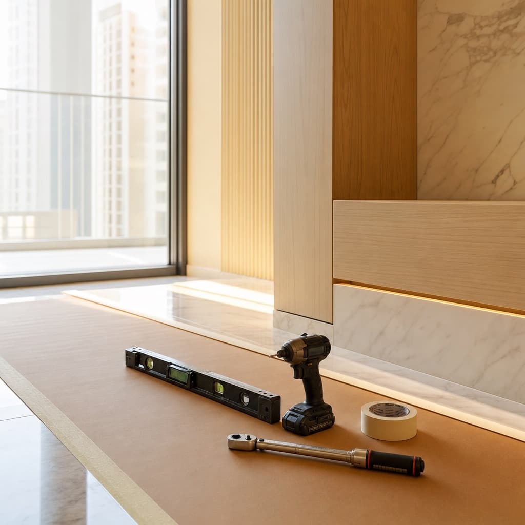 Precision installation tools — digital level, impact driver, torque wrench — laid out on kraft floor protection in a Dubai apartment.
