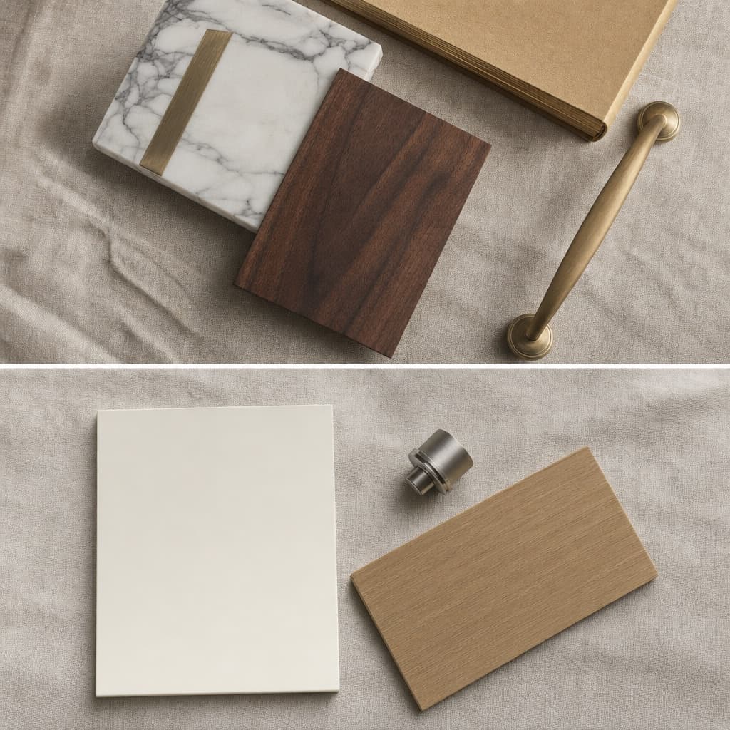 A material flat-lay contrasting a maximalist palette of figured walnut and brass with a minimalist palette of matte off-white lacquer.