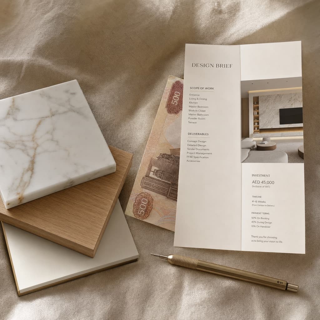 Flat-lay of premium media-wall materials with a folded design brief and an AED 500 note used as a bookmark.