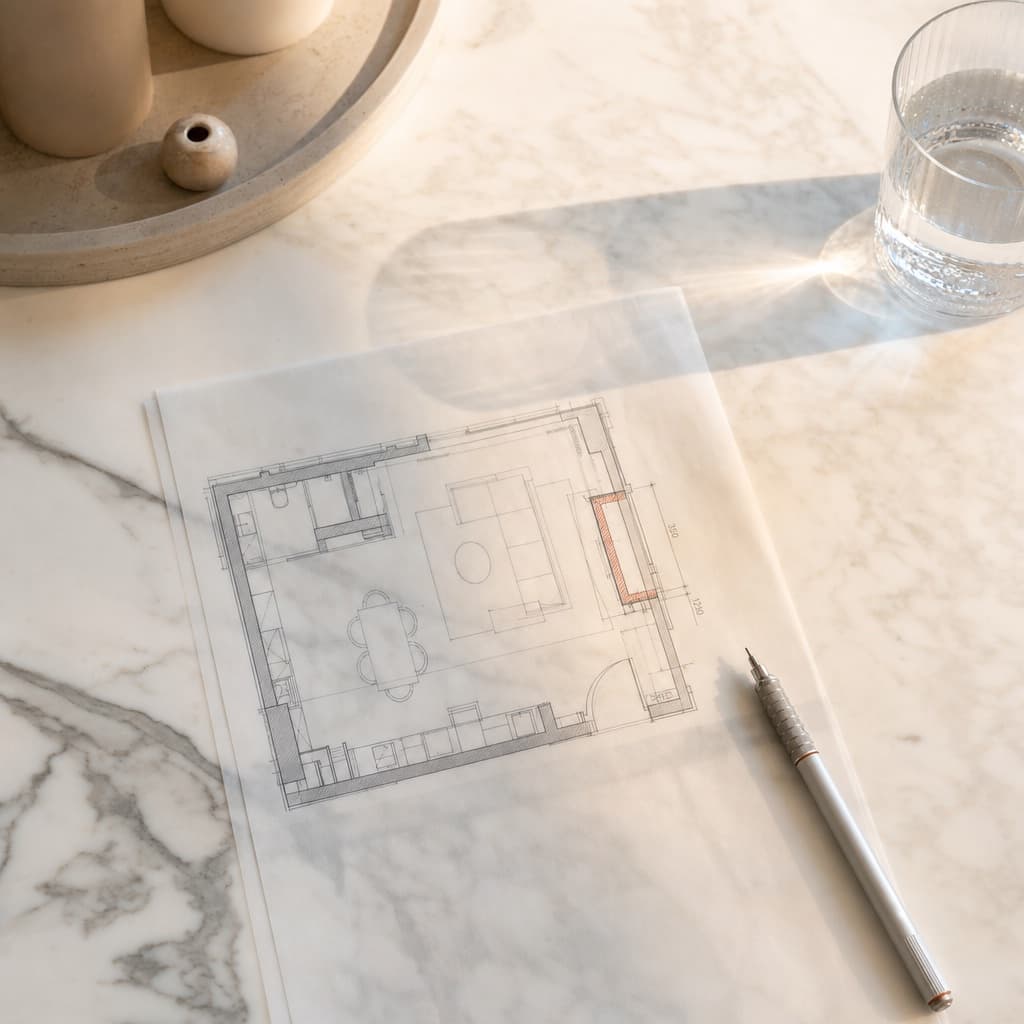 A small floor plan on tracing paper showing seating axis, window position, and the measured wall for a media unit.