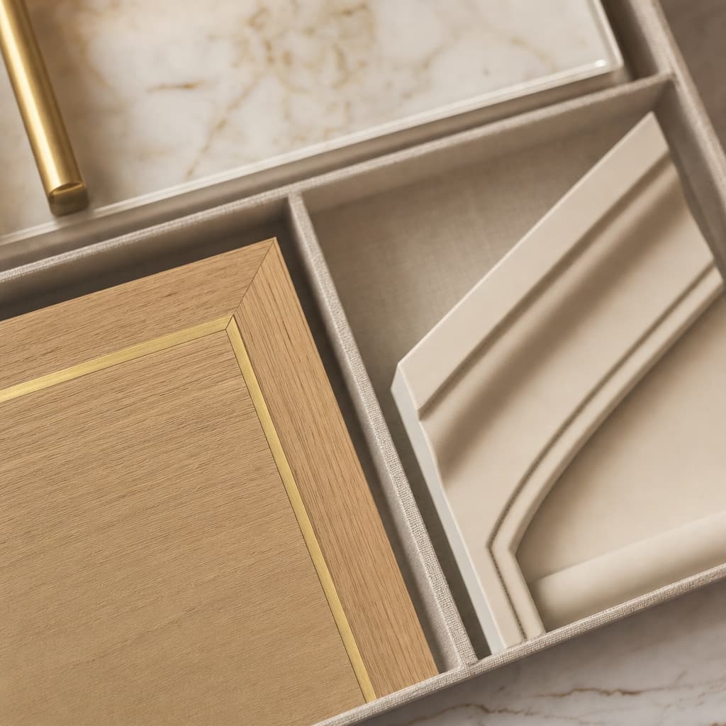 A designer's sample tray comparing a modern mitred warm-oak corner against a classic ogee moulding profile in matte lacquer.