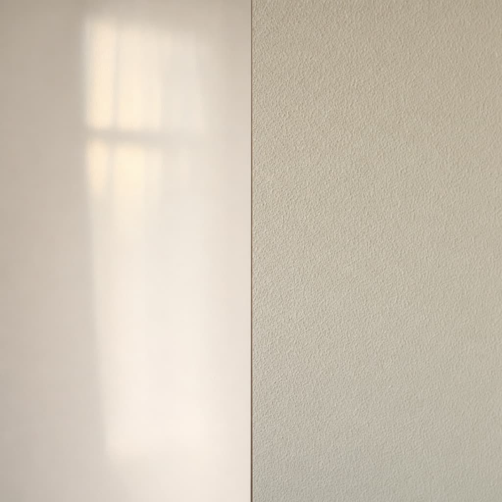 Side-by-side macro comparing a flat furniture-grade matte lacquer with standard orange-peel wall paint under identical light.