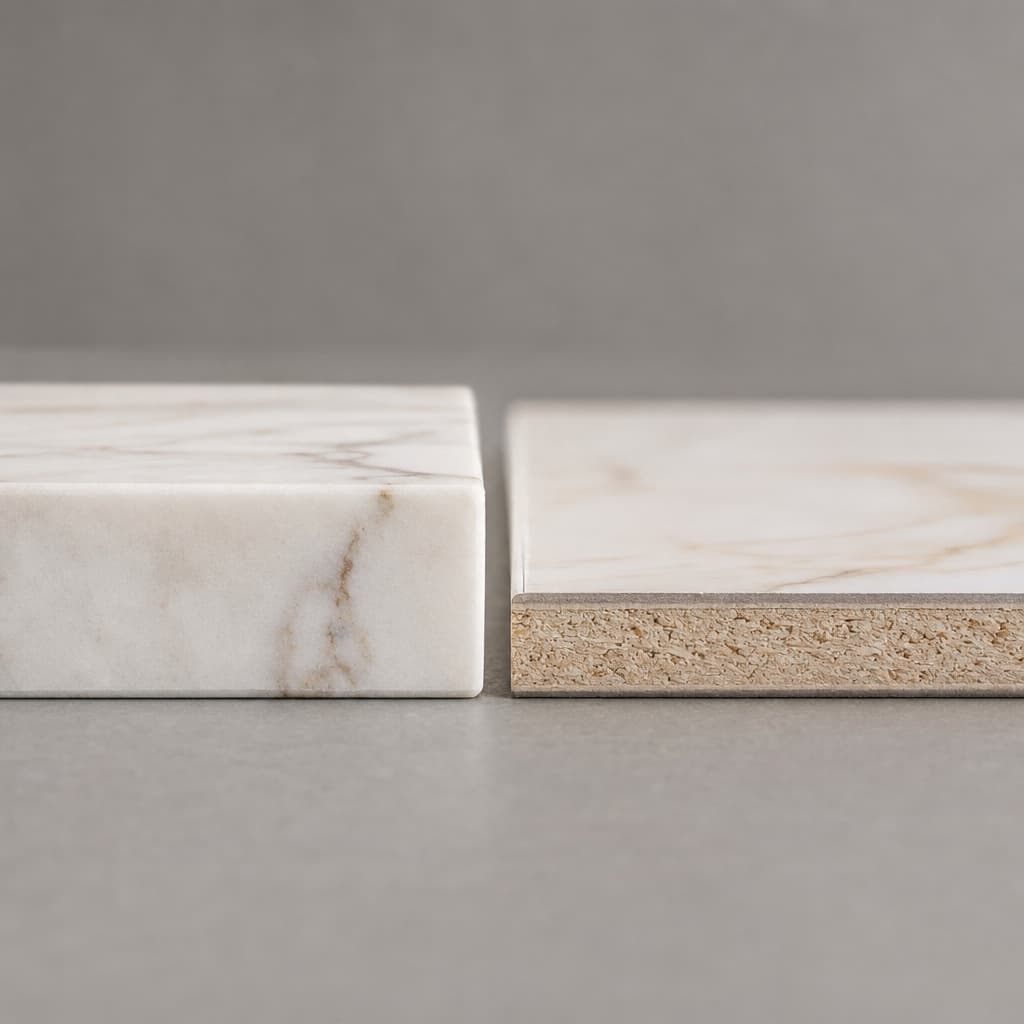 Edge cross-section comparing a 20 mm solid Calacatta marble slab with a thin printed marble-effect HPL panel.