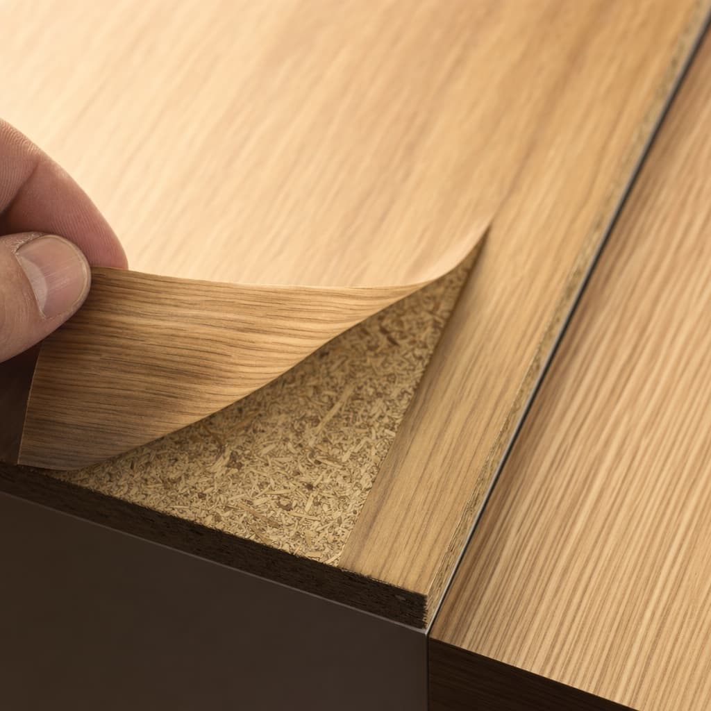 A finger gently lifting the peeling corner of a foil-wrap finish next to a panel of real warm-oak veneer.