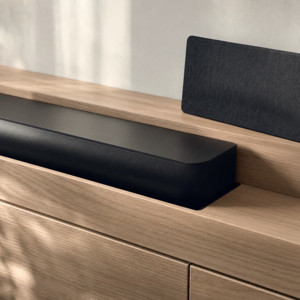 A premium soundbar seated in a precisely-CNC'd cavity in warm-oak cabinetry, with the acoustic fabric grille panel beside it.