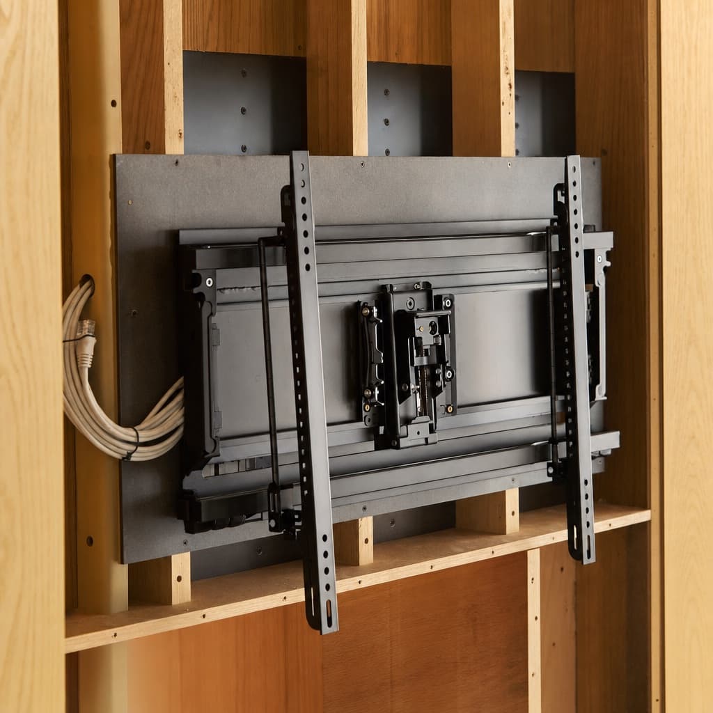 A heavy-duty tilting TV wall mount installed on a structural backing plate within a partially-built media-wall cavity.
