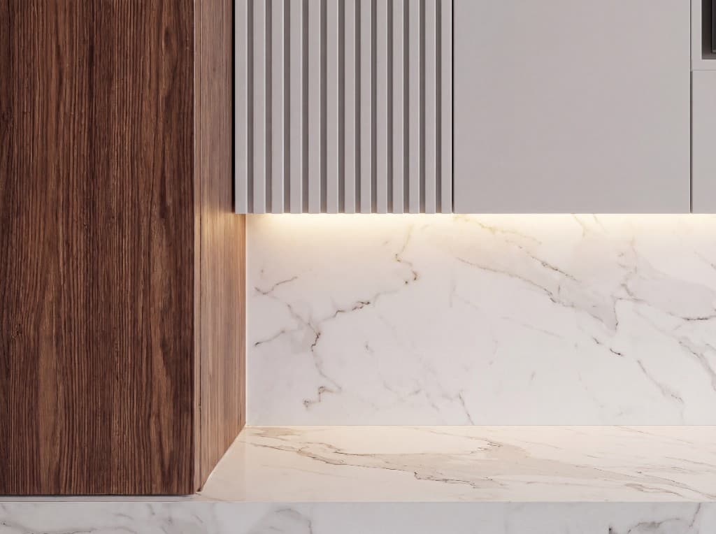 Wood panel meets marble with ambient LED lighting