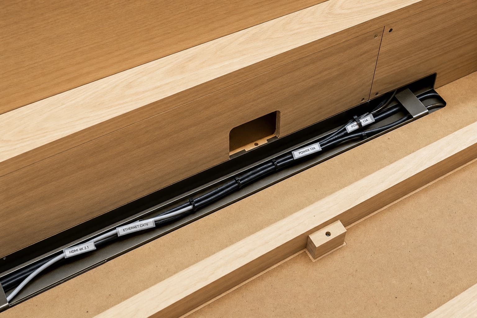 Concealed cable routing inside a custom media wall during installation