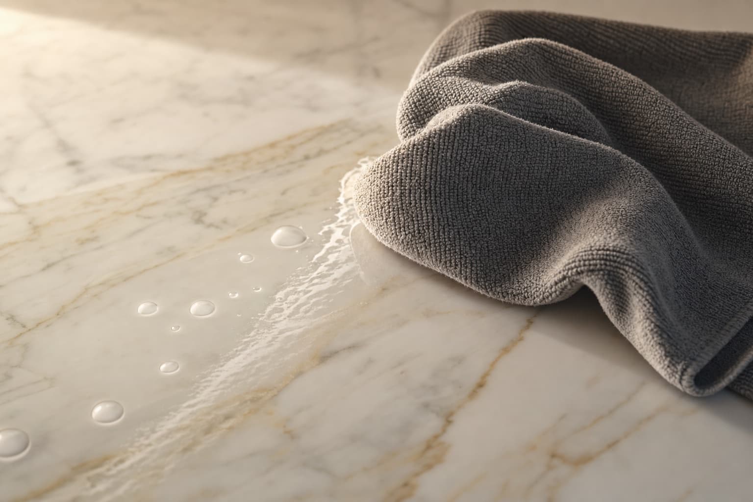 Hand applying stone sealant to a natural marble feature panel