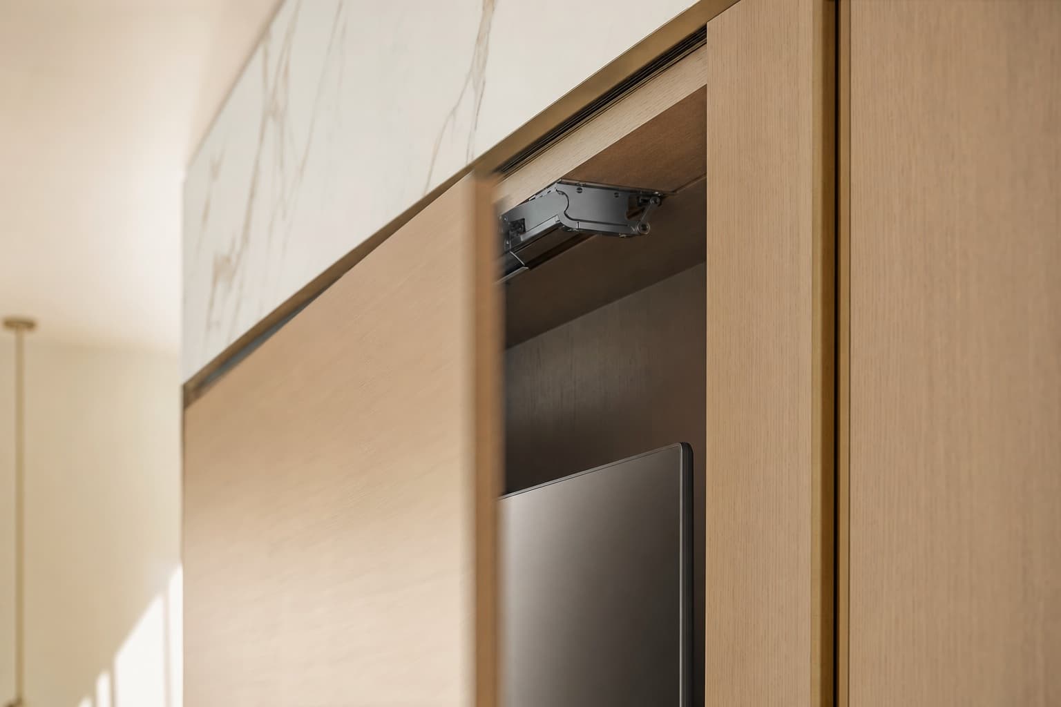 Sliding panel concealing a 75-inch TV inside a custom media wall