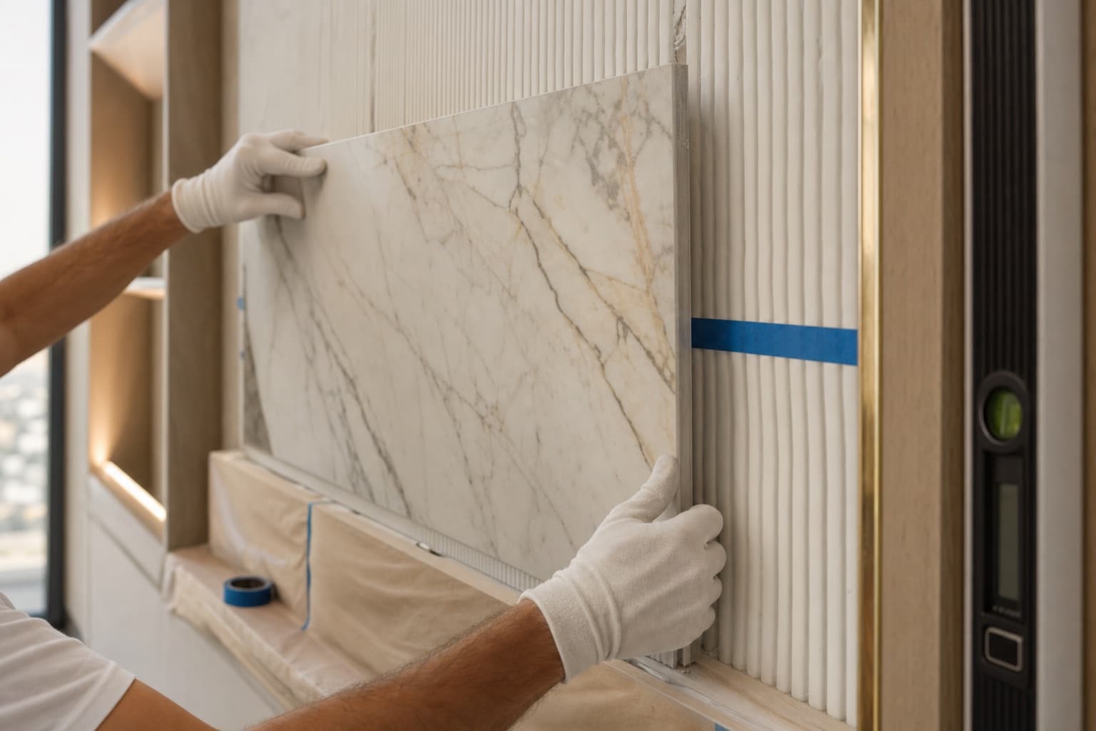 Walora installation team fitting a custom media wall in a Dubai apartment