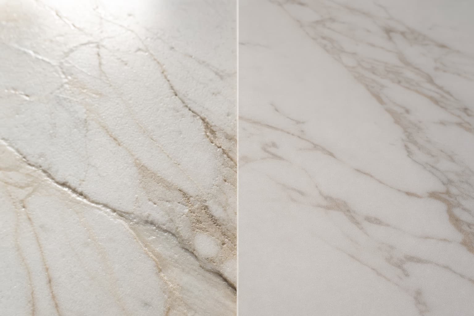 Cross-section of a real marble slab next to a marble-effect HPL panel