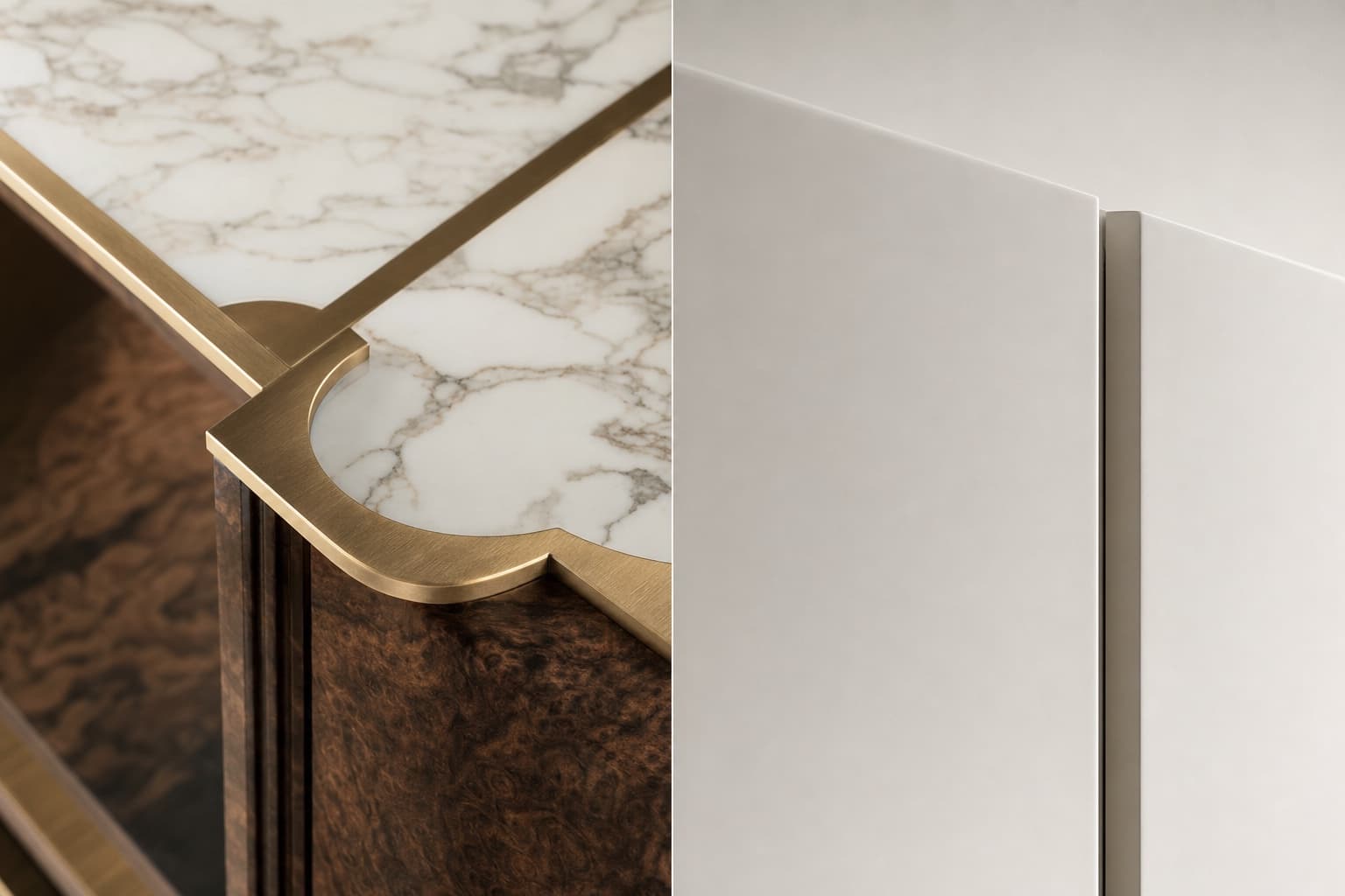 Side-by-side comparison of a minimalist single-slab media wall and a maximalist layered media wall