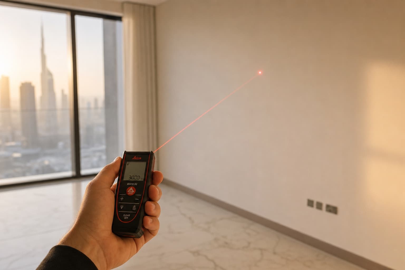 Measuring a Dubai apartment wall for a custom media wall installation