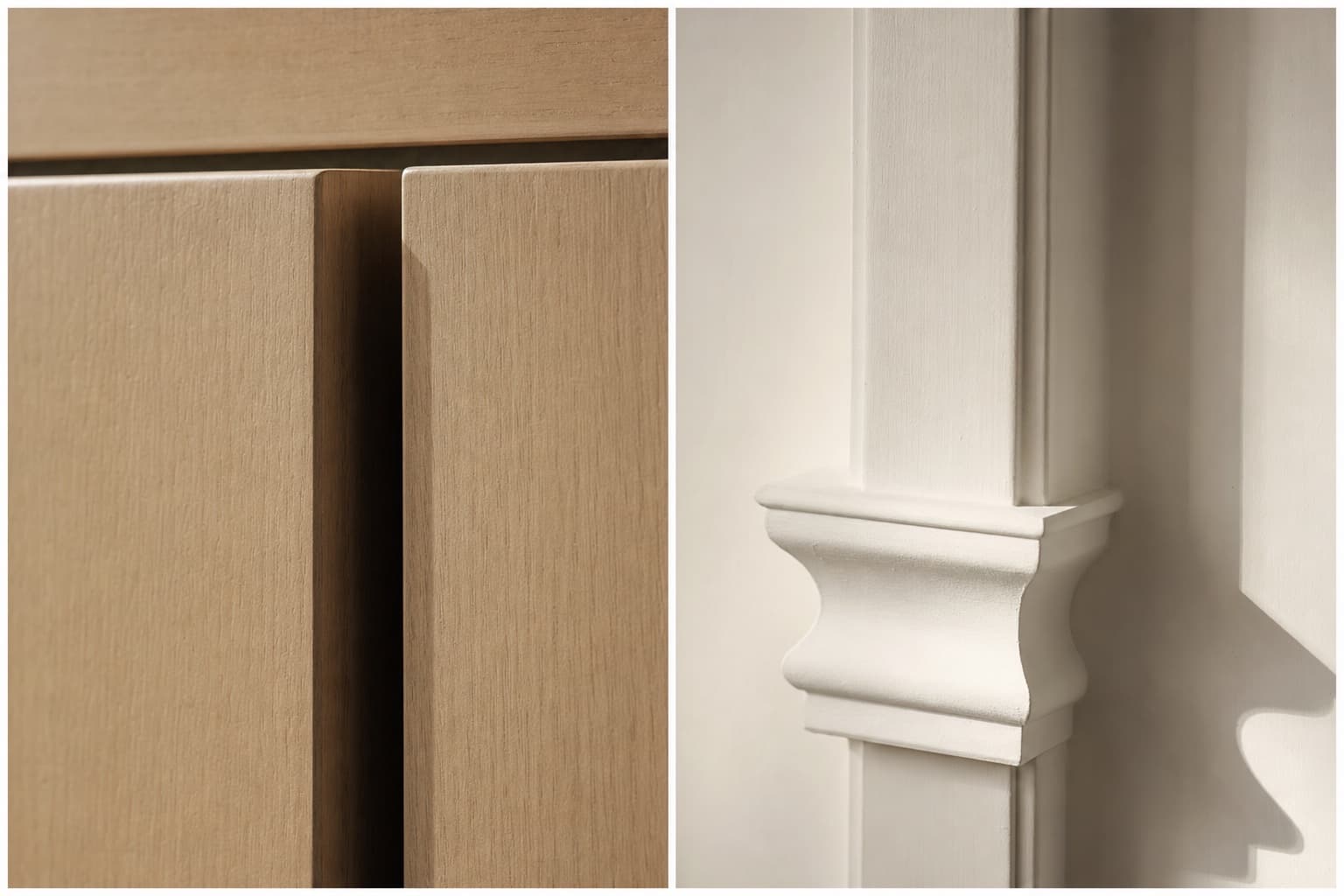 Side-by-side comparison of modern and classic custom media walls in two Dubai apartments