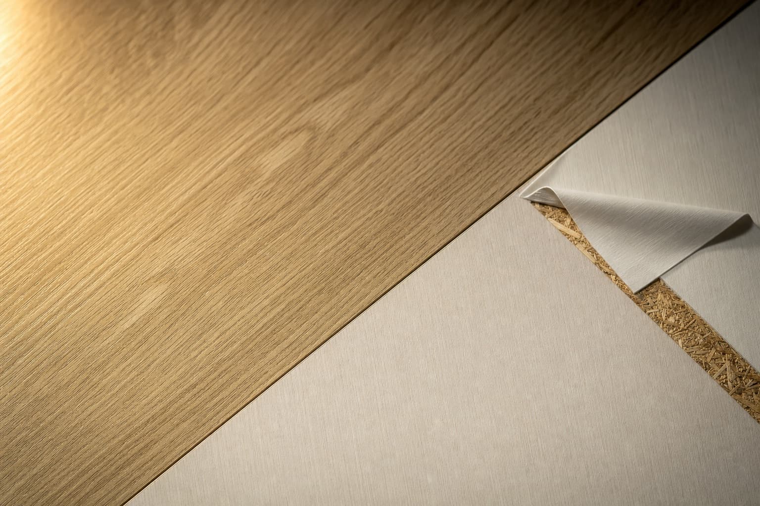 Close-up cross-section comparing real oak veneer with a foil-wrapped panel